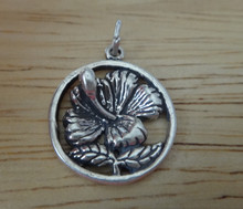 18mm Round Hibiscus says Hawaii Sterling Silver Charm double sided