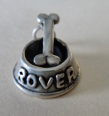 3D 15x18mm Dog Bone in a Dog Dish says Rover Sterling Silver Charm