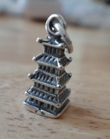 3D 7x16mm Chinese Japanese Pagoda Sterling Silver Charm