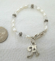 4.5" Sterling Silver & White Fresh Water Pearl w/ Initial Baby Charm Bracelet
