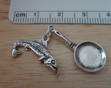 3D 22x23mm Fish & Lure & Trout with Frying Pan Sterling Silver Charm