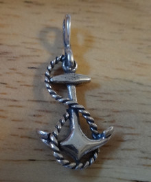 3D 13x26mm Ship's or Boat's Anchor & Rope Nautical Sterling Silver Charm