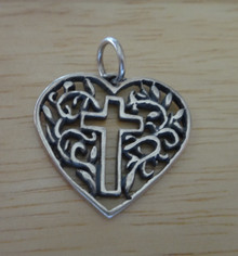 22x24mm Cut Out Cross & Filigree Heart Sterling Silver Charm