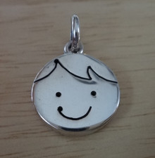 15mm Cute Engravable Smiling Boy Face Round Sterling Silver Charm