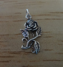 Rose on a Stem with Leaves Flower Sterling Silver Charm