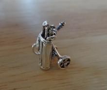 3D 10x16mm Movable Golf Bag on Rolling Cart with Clubs Sterling Silver Charm