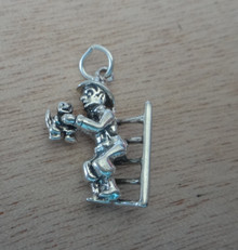 3D 15x23mm Fireman on a Ladder with Cat Sterling Silver Charm