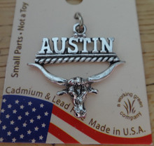22x21mm Sterling Silver Says Austin on Texas Longhorn Charm
