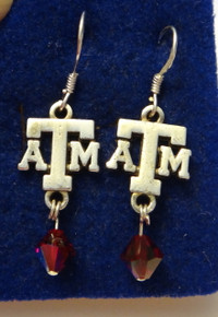 Sterling Silver Texas A&M University Aggie ATM 6mm Siam Swarovski Dangle Bead Earrings