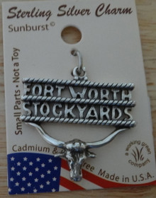 25x25mm Says Fort Worth Stockyards over Texas Longhorn Sterling Silver Charm
