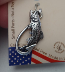 21x10mm Fish Fly Fishing Hook with a large Bass Fish Sterling Silver Charm