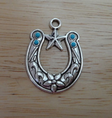 Silver 35x27mm 1.5" Pewter Horseshoe with Star 4 & Blue beads Pendant Charm