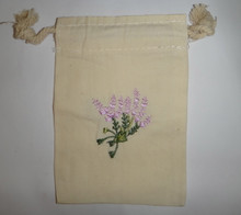 4 Ivory 8x9" Muslin with Lavender flowers embroidery front Drawstring Favor Bags