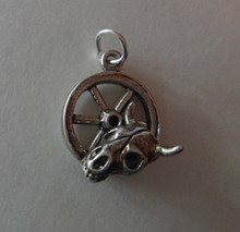 Sterling Silver 20x15mm Southwest Steer Cow Bull Skull over Wagon Wheel Charm