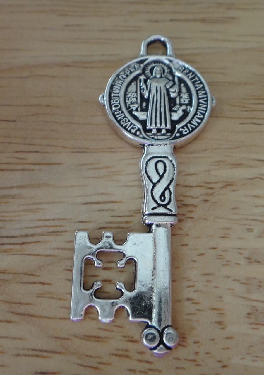 Pewter Silver 52x18mm St Benedict Medal Key with Maltese cross Charm