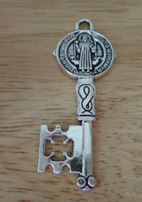 Pewter Silver 52x18mm St Benedict Medal Key with Maltese cross Charm double side