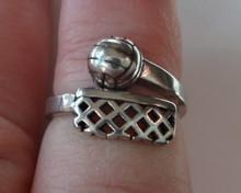 size 7-8 Adjustable Sterling Silver Volleyball and Net on Ring