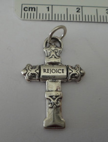 Sterling Silver 28x18mm 3.5gram Detailed Cross says Rejoice Charm