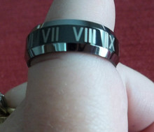 size 11 Tungsten Carbide Black Roman Numerals 1-12 Striped Band Ring