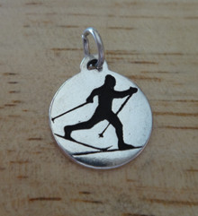 15mm Round says Cross Country on Skiing Ski Sterling Silver Charm