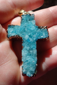 50x33mm Turquoise color Druzy crystallized quartz Cross with Gold Bezeled Edge