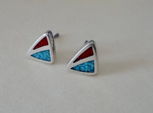 Sterling Silver TINY 7x6mm Blue & Red Stone chip Inlaid Triangle Studs Earrings