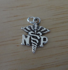 Sterling Silver 3D small 10x13mm says NP for Nurse Practitioner Caduceus Charm