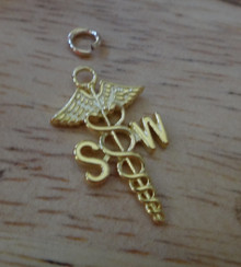 Gold Plated Sterling Silver 3D 21x12mm Social Worker says SW on Caduceus Charm