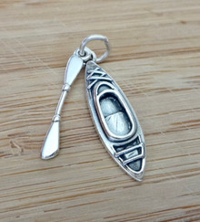 Sterling Silver Movable 3D 10x28mm Detailed Boat Kayak & Paddle Charm