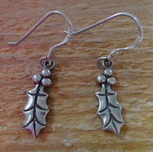 Sterling Silver 18x6mm Holly Single Leaf 3 Berries Holiday Christmas Earrings