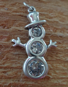 Sterling Silver 28mm Snowman Outline with 3 Clear CZ's Holiday Christmas Charm
