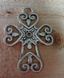 Silver 50x71mm or 2"x4.75 inch Pewter Fancy Cross with Hearts Pendant Charm