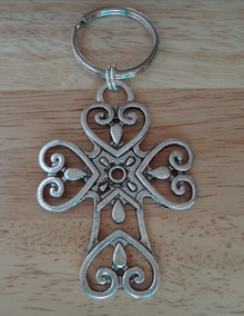 Silver 50x71mm or 2"x4.75 inch Pewter Fancy Cross with Hearts on Keyring