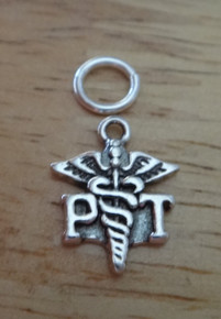 Sterling Silver small 10x13mm says PT for Physical Therapy Caduceus Charm