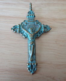 28mm Pewter Antique Gold Oxidized Turquoise finish Crucifix Cross Pendant Charm