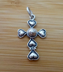 Sterling Silver 26x16mm 3D Cross with 5 Hearts and ball Charm