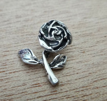3D 13x15mm Detailed Rose with Stem and Leaves Sterling Silver Charm Hidden bale