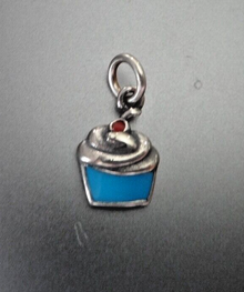 8x10mm Sterling Silver Birthday Blue Enamel Cupcake with Red Cherry on top Charm