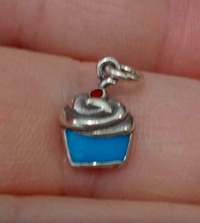 8x10mm Sterling Silver Birthday Blue Enamel Cupcake with Red Cherry on top Charm