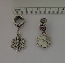 Long Diabetic says Diabetes Medical Alert ID large hole Charm Sterling Silver Bead