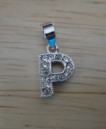 8x12mm Small Clear Crystals on Alphabet Letter Initial P Sterling Silver Charm