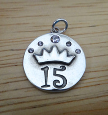 17mm Girl 15 15th Birthday Pink Crystals on Crown Quinceanera Sterling Silver Charm