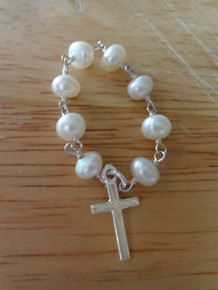 size 8, 8.5, or 9 Sterling Silver White Fresh Water Pearl Rosary Dangle Cross Charm Ring