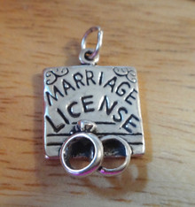 15x21mm 3D Wedding says Marriage License with rings Sterling Silver Charm