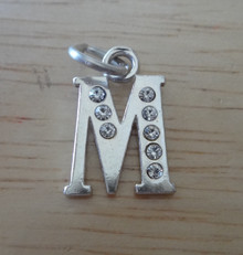 12x16mm 8 Clear Crystals Alphabet Letter Initial M Sterling Silver Charm