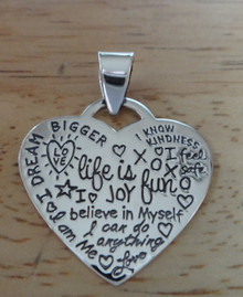 Lg Sterling Silver Heart says Joy, Life is Fun, I feel Safe, I Dream, Love Sterling Silver Charm