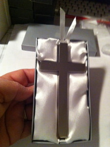 Shiny Silver Plate Engravable Cross with white ribbon in Satin lined Gift Box