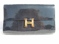 LARGE 1960's BLACK Lizard Skin Clutch Shoulder Bag - FINESSE LA MODEL
