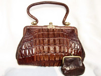 1920's Petite Brown Victorian Hornback Alligator Handbag with Change Purse