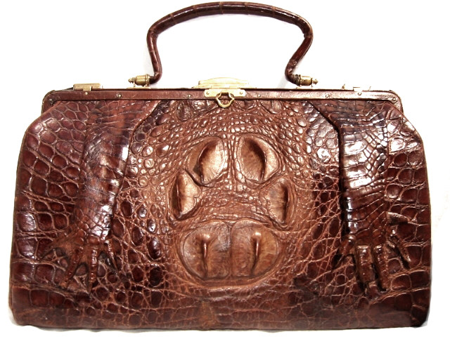 Stunning Antique 1920's-30's Brown Victorian CROCODILE Skin Handbag